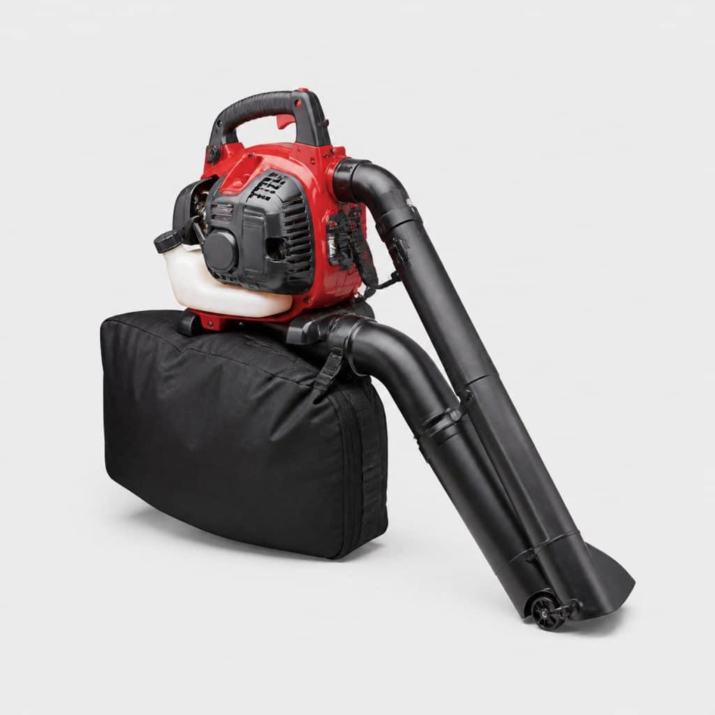 Aspirateur souffleur broyeur thermique rouge et graphite avec grand sac
