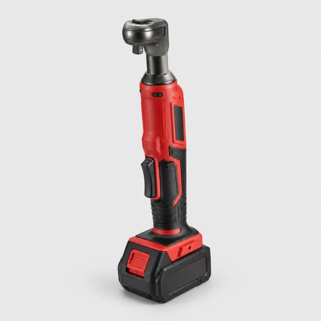 Cliquet sans fil sur batterie à coque rouge et noir avec bloc batterie clipsé, sur fond clair