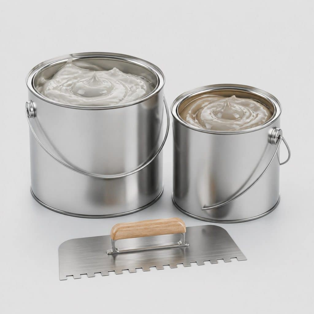 Colle à carrelage époxy bi-composant, résine et durcisseur en deux pots