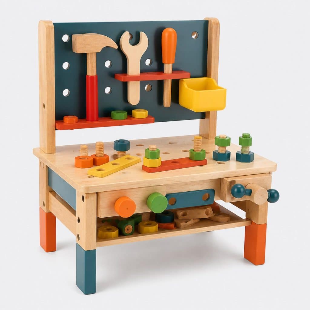 Établi jouet d'imitation en bois avec outils factices colorés