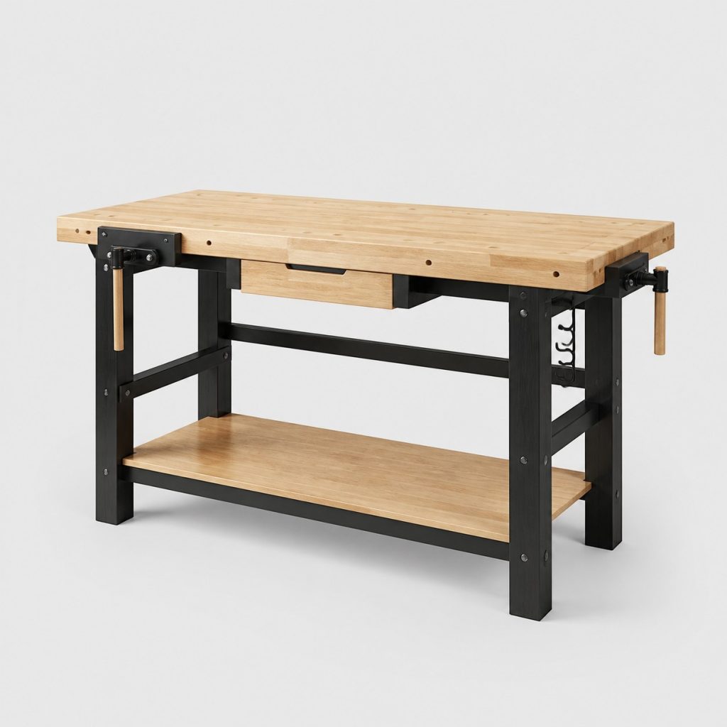 Établi en bois polyvalent à plateau hévéa avec pinces et tiroir