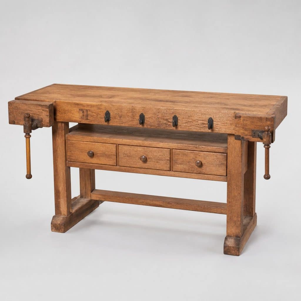 Établi en bois de style ancien avec presses de serrage et tiroirs