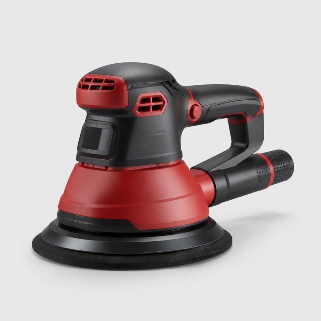 Grande ponceuse excentrique rouge et graphite à large plateau sur un établi