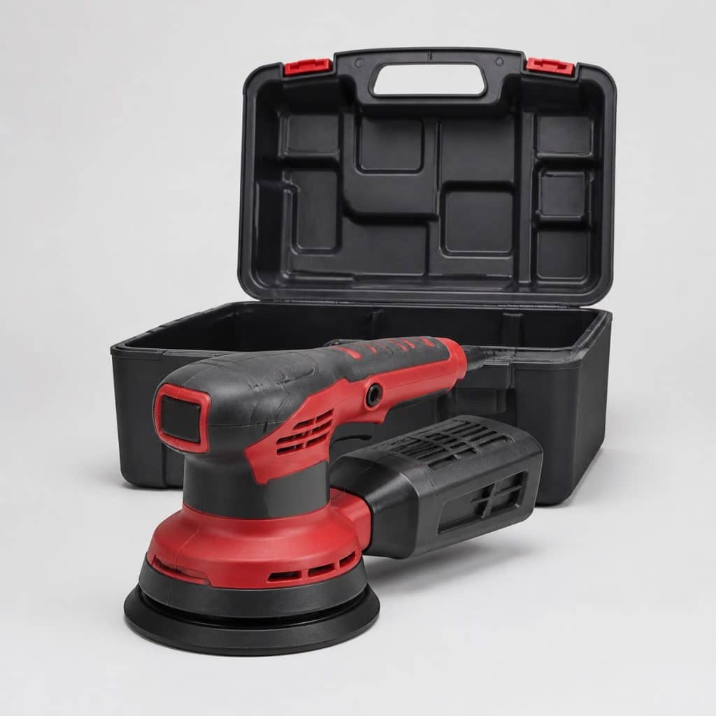 Ponceuse excentrique d'atelier rouge et graphite devant son coffret ouvert