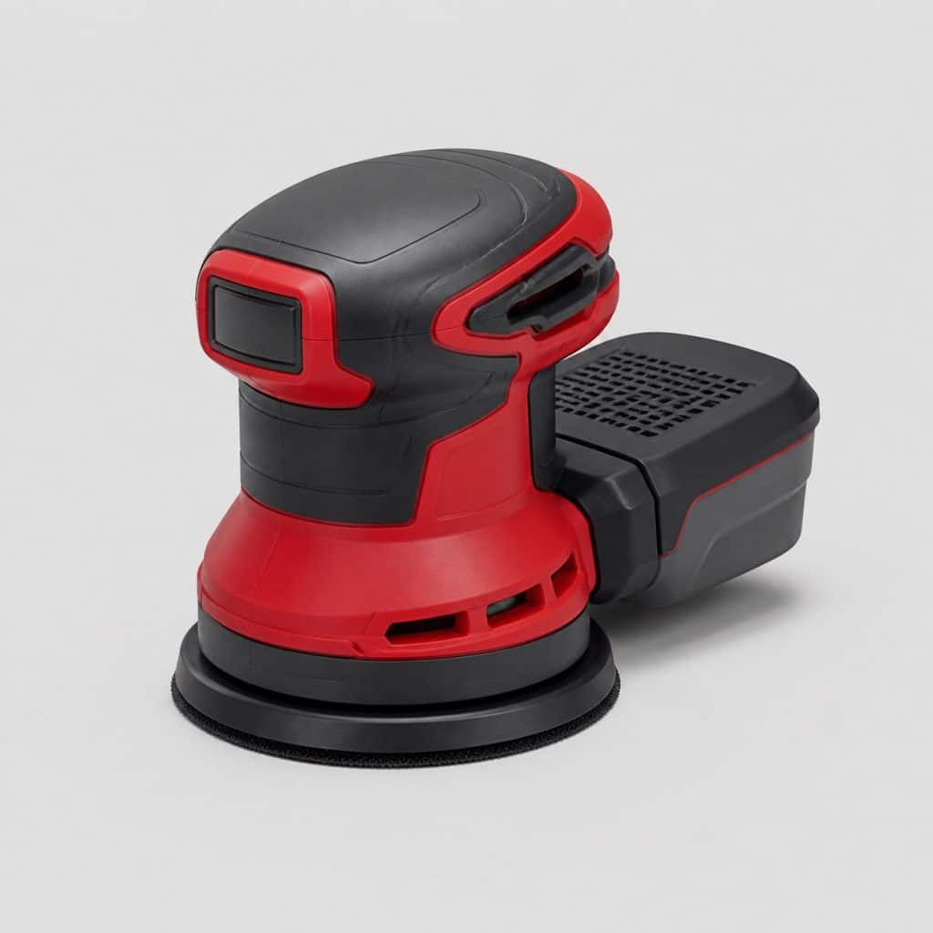 Ponceuse excentrique orbitale rouge et graphite sur un établi