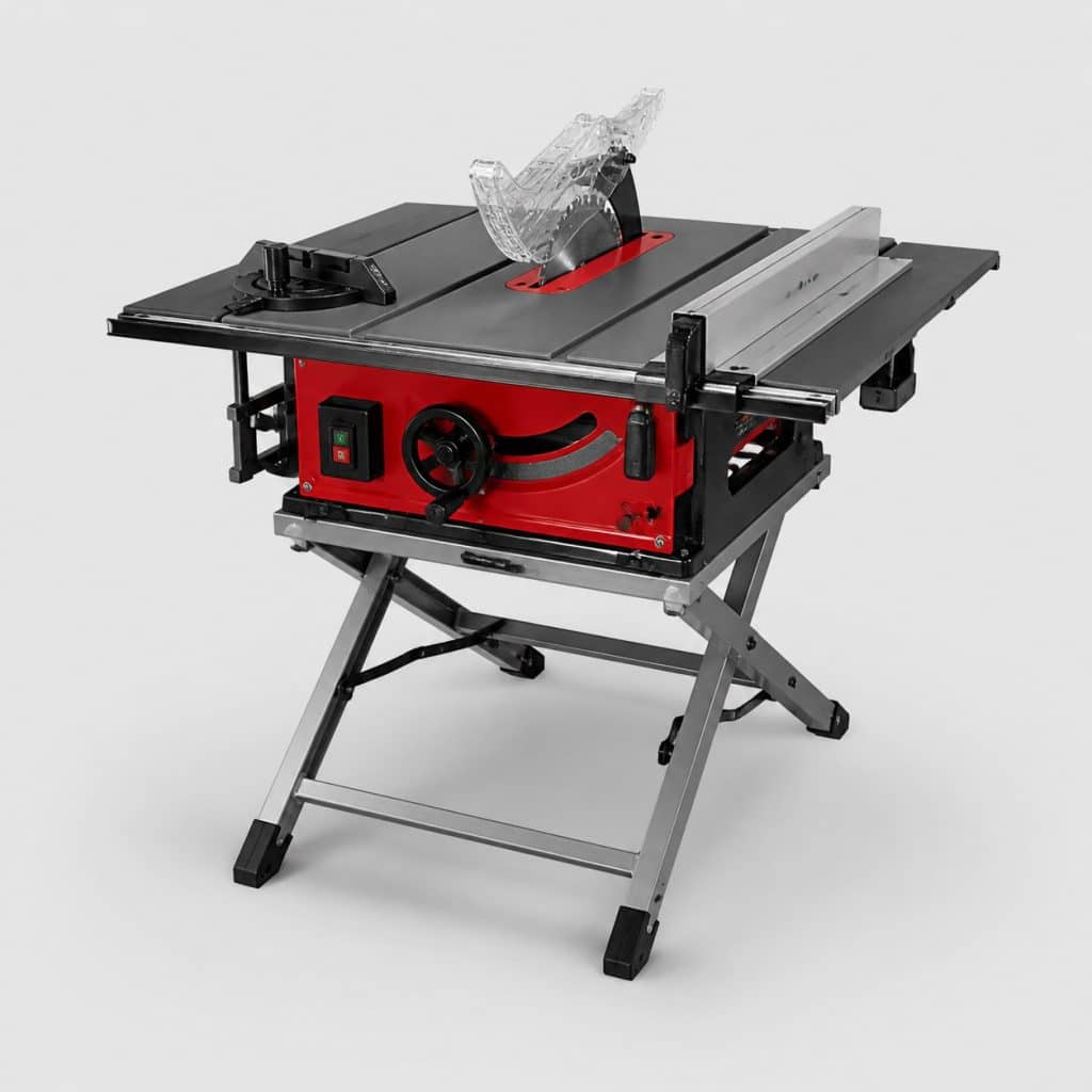 Scie sur table portative rouge et graphite sur piètement repliable