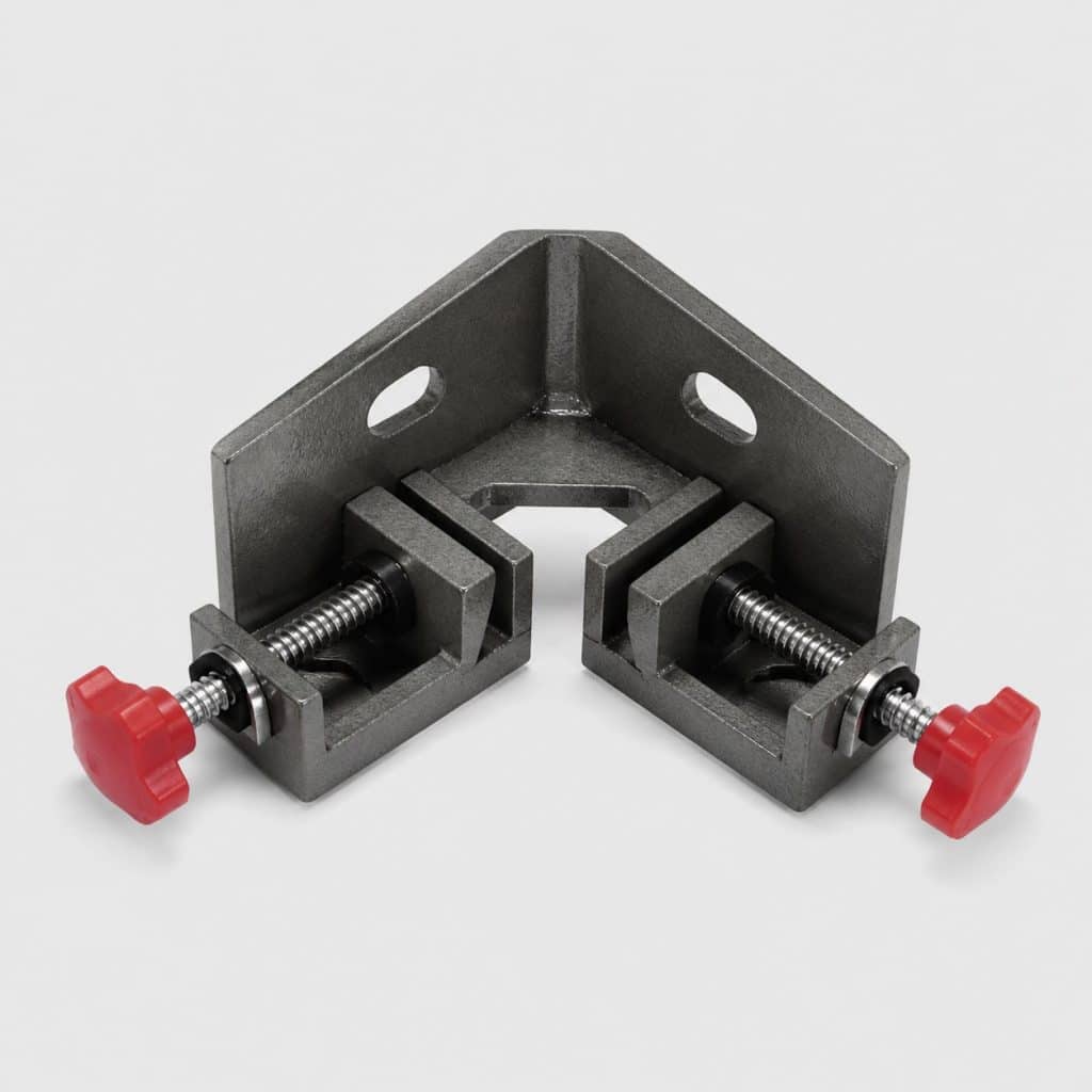 Serre-joint d'angle en acier à mâchoires perpendiculaires et molette rouge