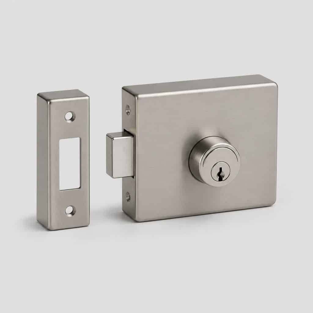 Serrure en applique inox pour portail extérieur, vue de trois quarts