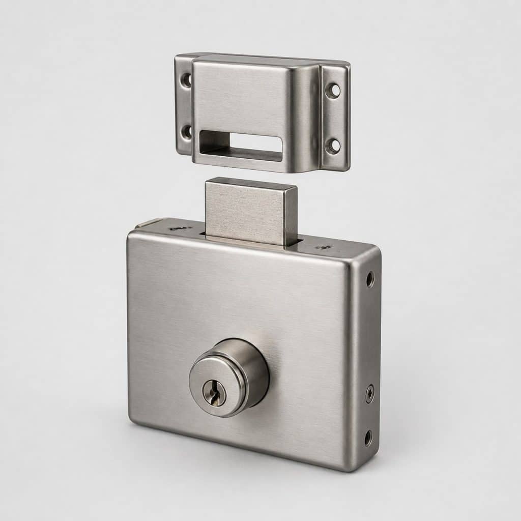 Serrure en applique inox à pêne levant pour portail, vue de trois quarts
