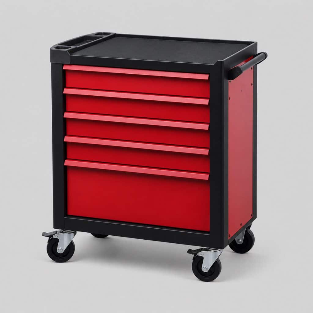 Servante d'atelier mobile rouge et noir sur quatre roulettes