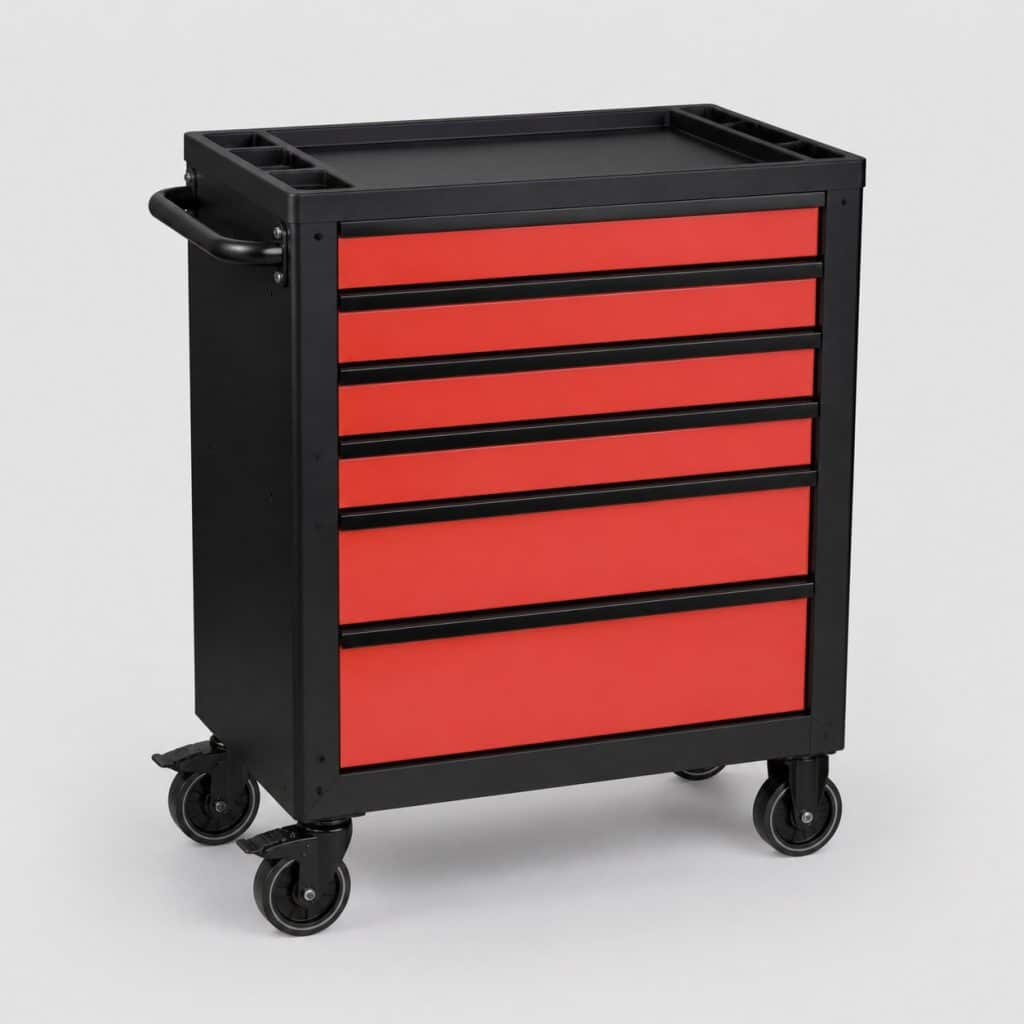 Servante d'atelier en acier rouge et noir a tiroirs fermes