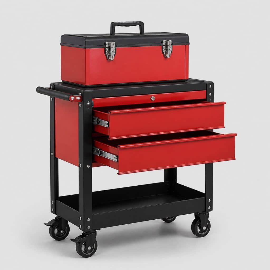 Servante d'atelier metallique rouge et noir a deux tiroirs et boite amovible