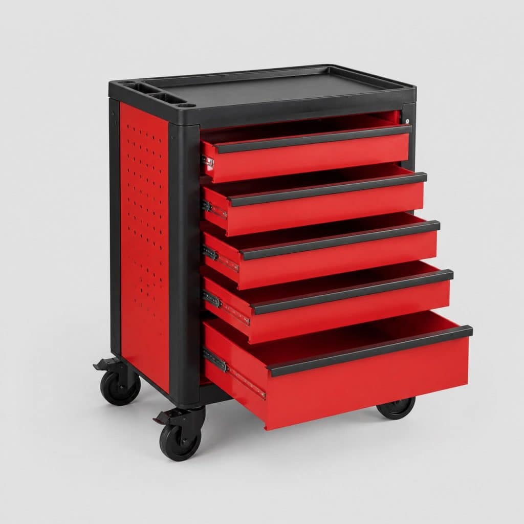 Servante d'atelier vide rouge et noir a cinq tiroirs