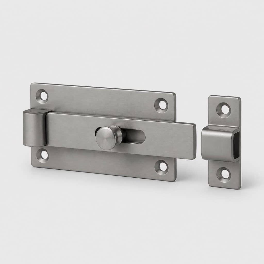 Verrou de porte à coulisse en acier gris métal sur fond clair