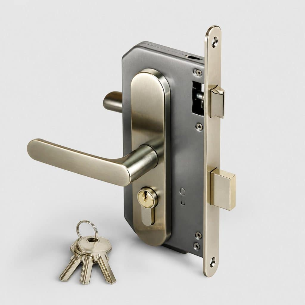 Verrou de porte à double entrée en acier à reflets laiton et jeu de clés