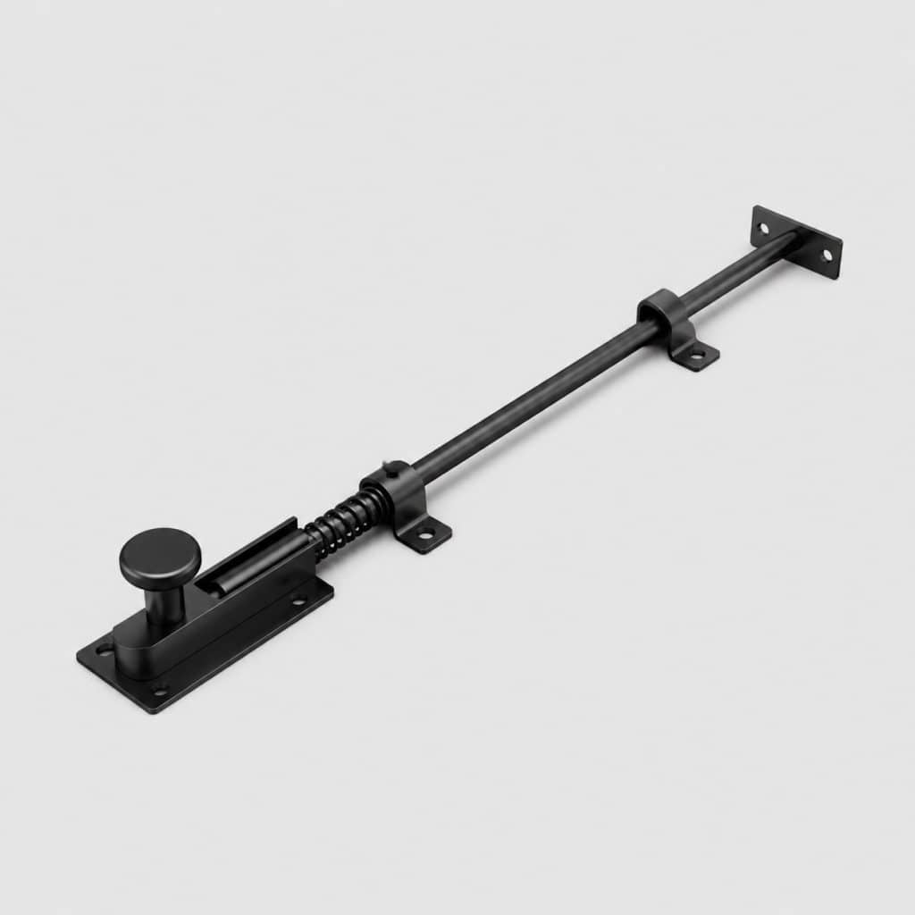 Verrou de portail extérieur à ressort en inox noir sur fond clair